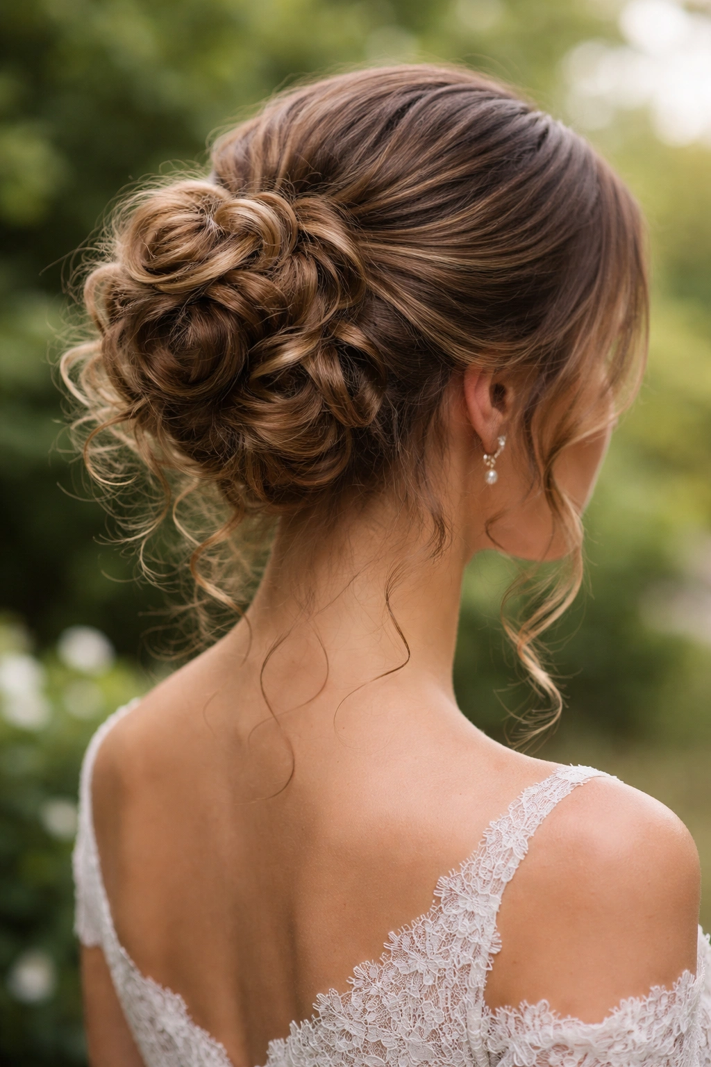 Close-up of a romantic spiral curl bun at the nape with loose ringlets framing the bun