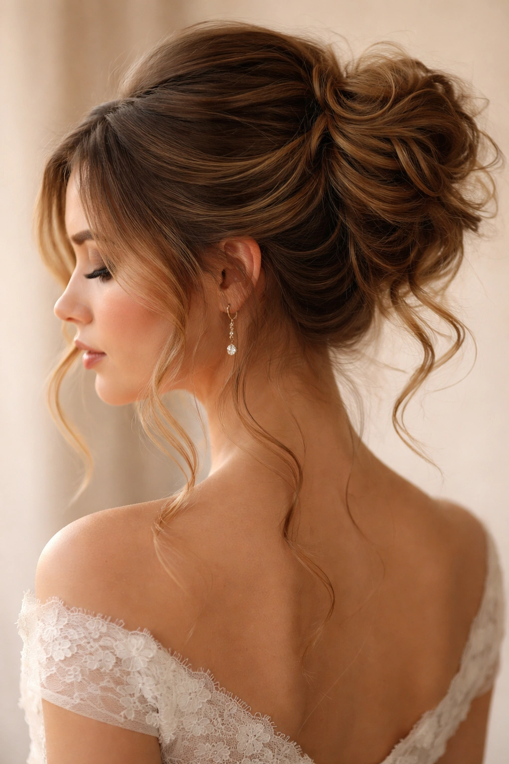 Close-up of a romantic messy bun with loose tendrils framing the face
