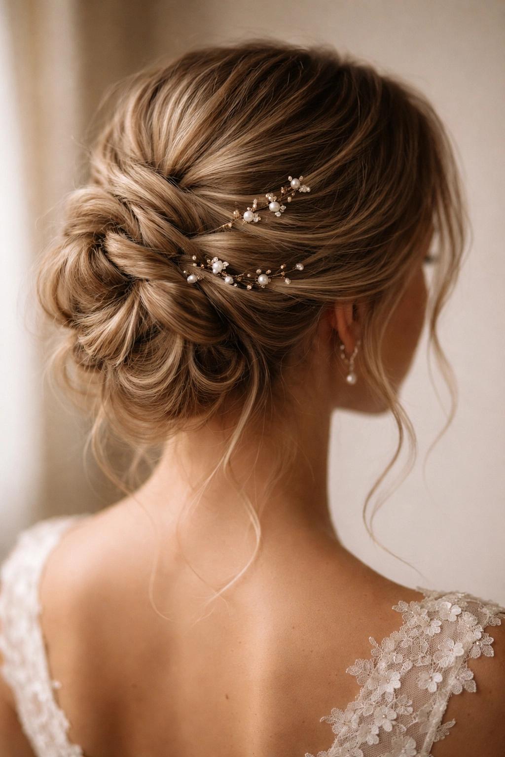 Close-up of a romantic twisted bun with scattered pins