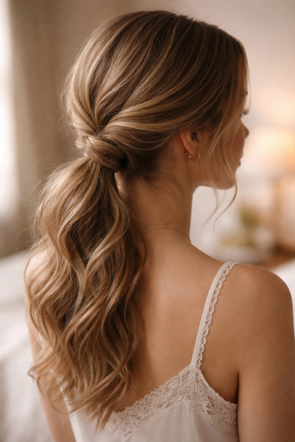 Romantic twisted ponytail with spiraling twists at the nape