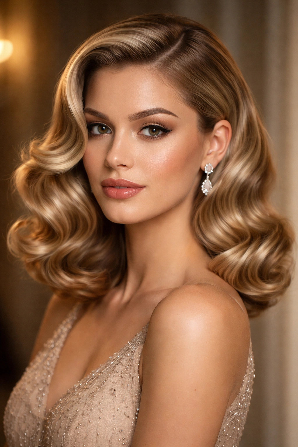Romantic vintage waves on shoulder-length hair with sculpted definition