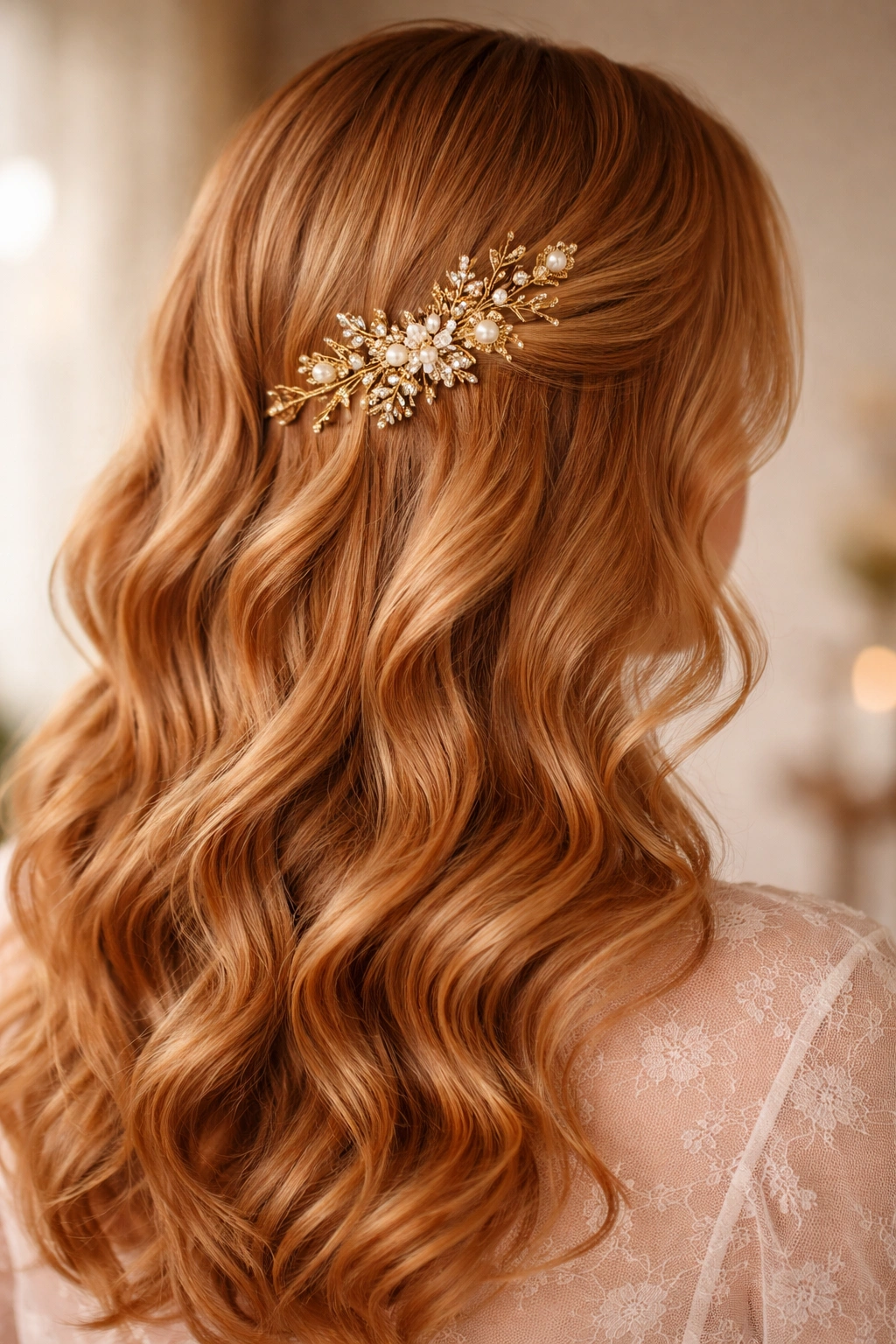Strawberry blonde romantic waves with delicate hair accessory