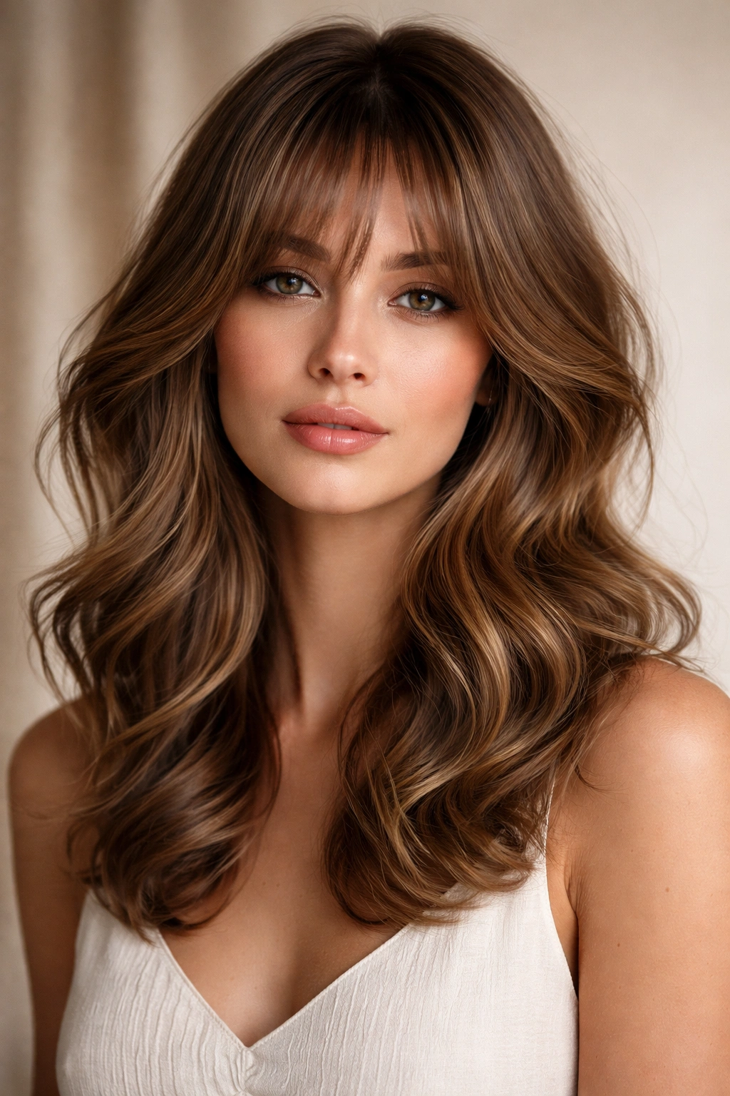 Romantic Wavy Butterfly with Long Bangs hairstyle with shoulder-length waves and long blended bangs