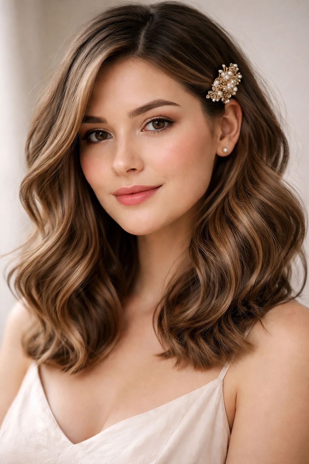 Shoulder-length hair with soft waves and a decorative side clip