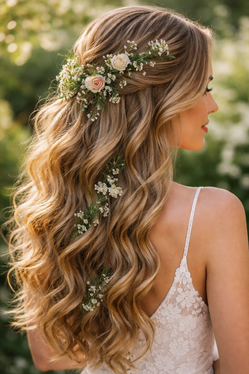 Romantic waves woven with fresh flowers and greenery in hair