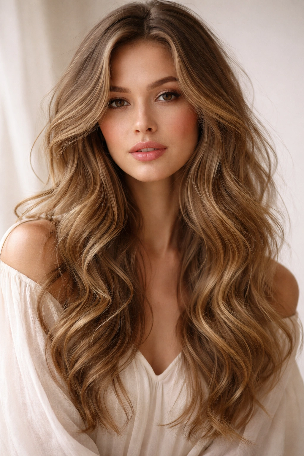 Close-up of a model with soft, flowing romantic waves in natural light