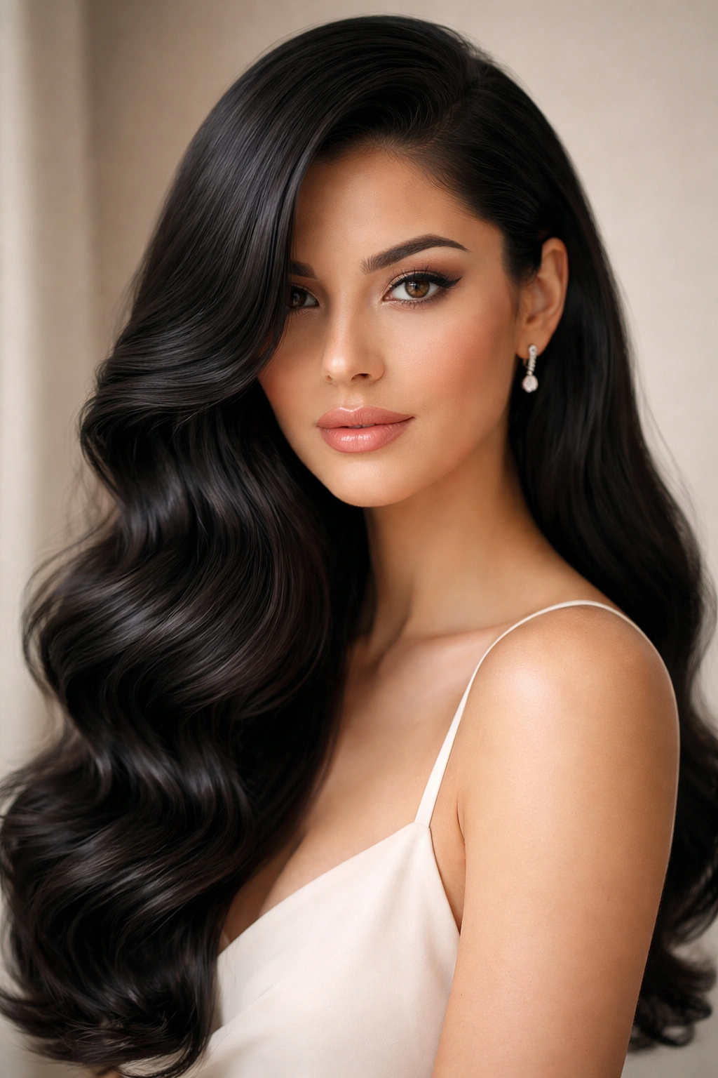 Close-up of long black hair with romantic side-swept waves and deep shine