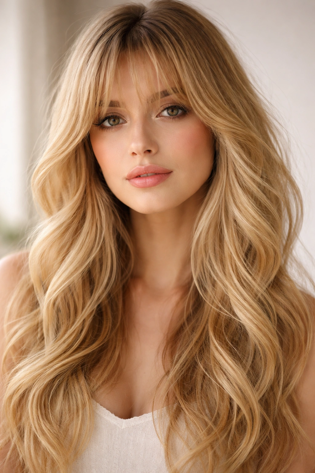 Close-up portrait of blonde waves with wispy bangs in soft warm light