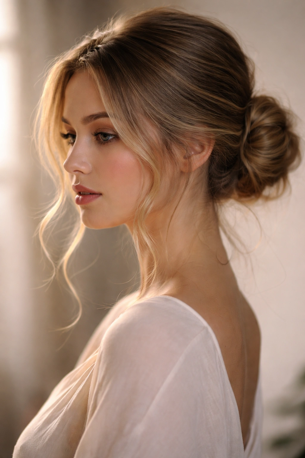 Romantic wispy low bun with soft face framing strands
