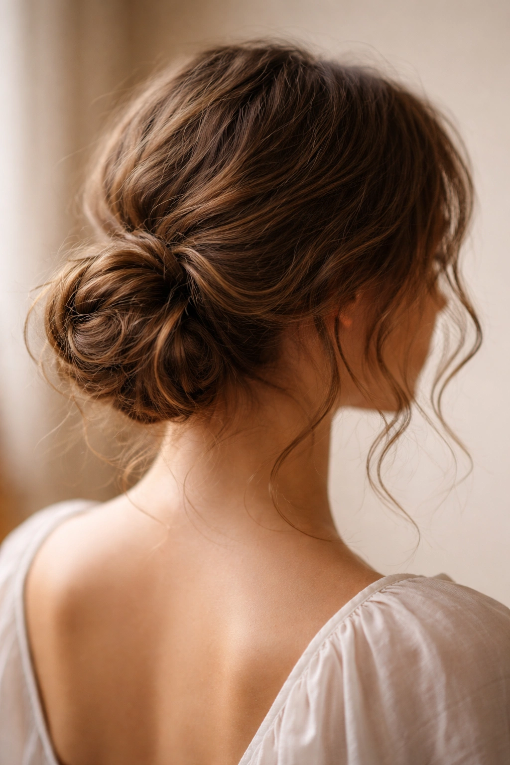 Low bun with wispy strands around it for a romantic look