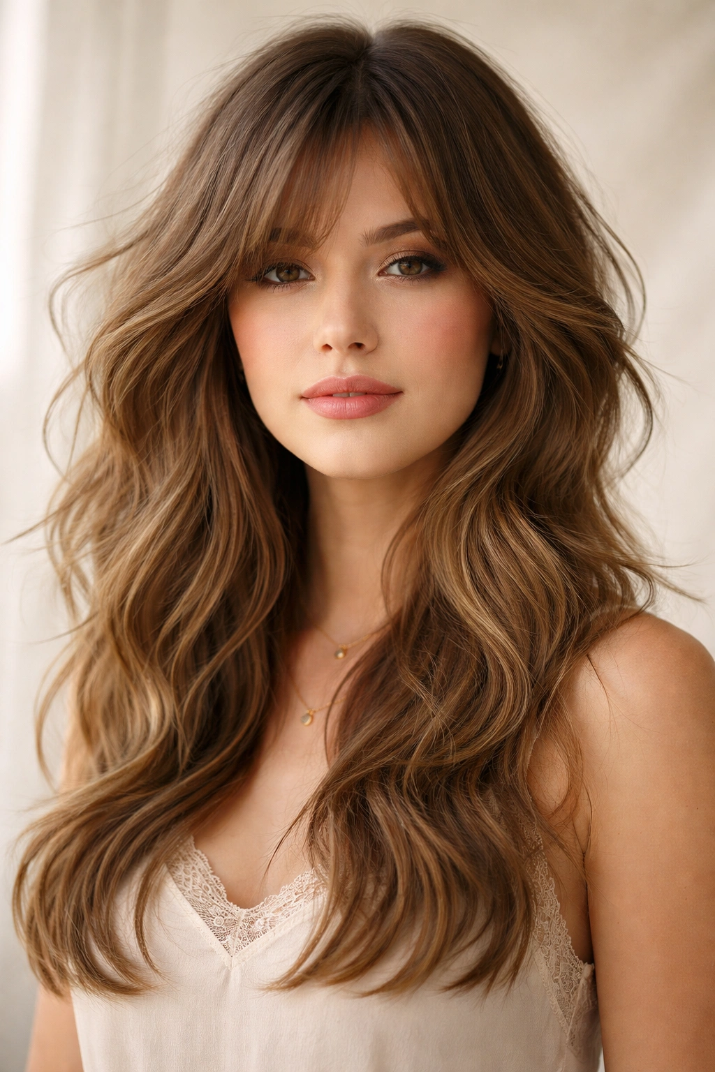 Portrait of a person with soft waves and subtle layering in a romantic wolf cut