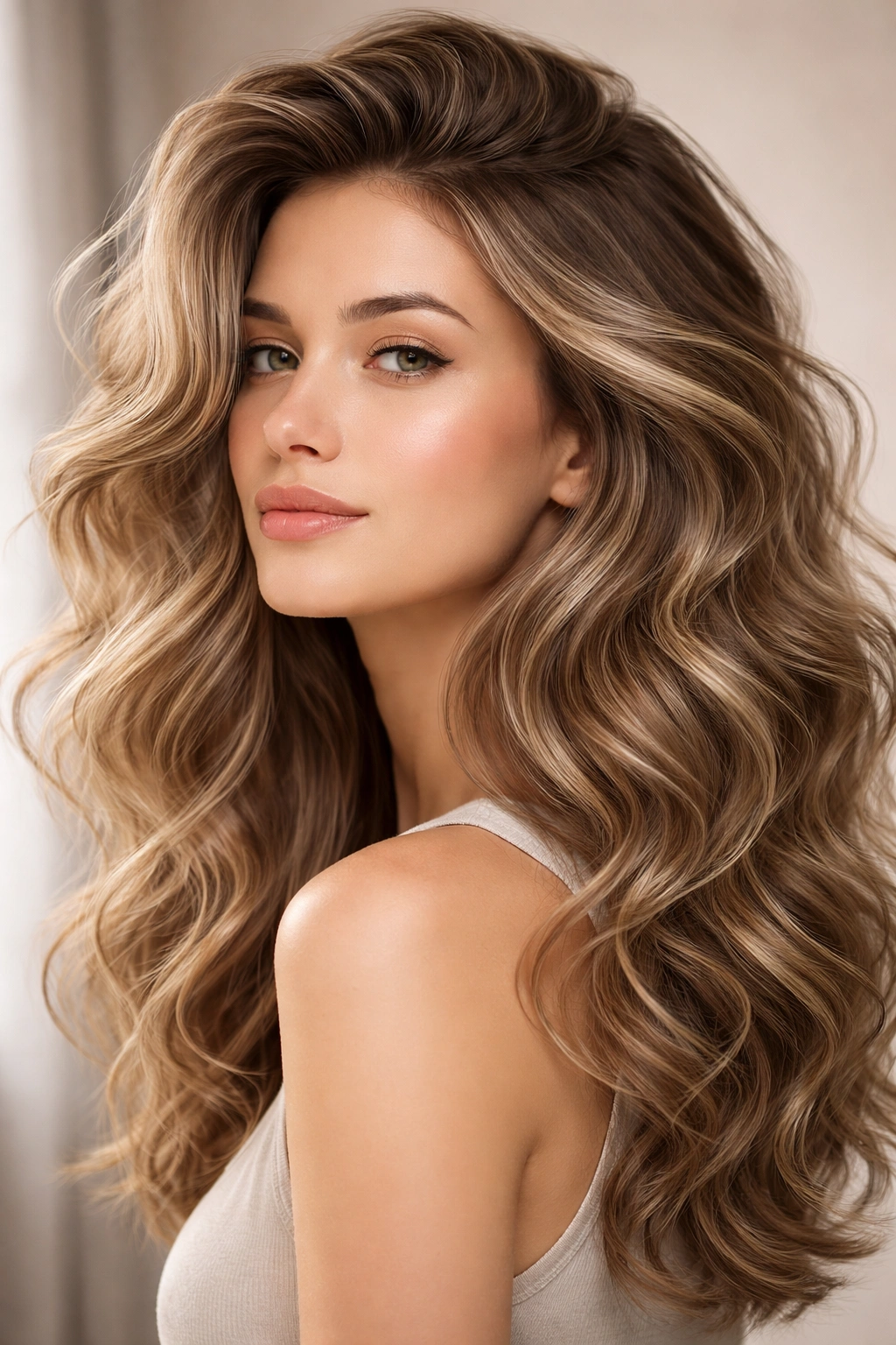 Voluminous waves with lifted roots creating height in hair.