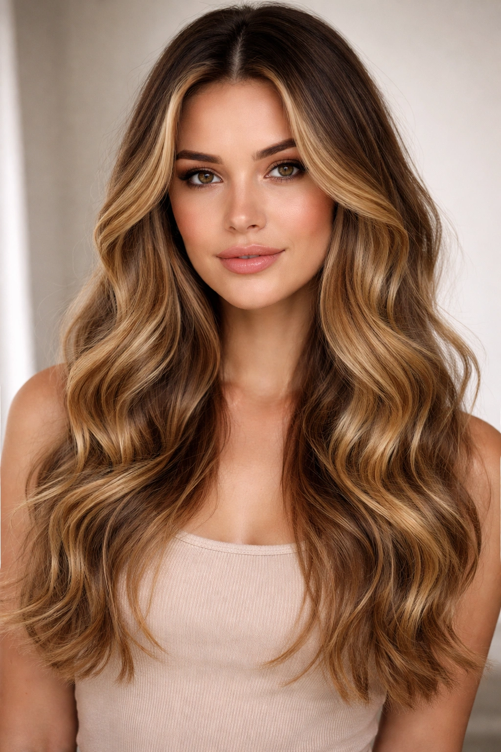 Close-up of long hair showing dimensional root melting and soft face-framing waves