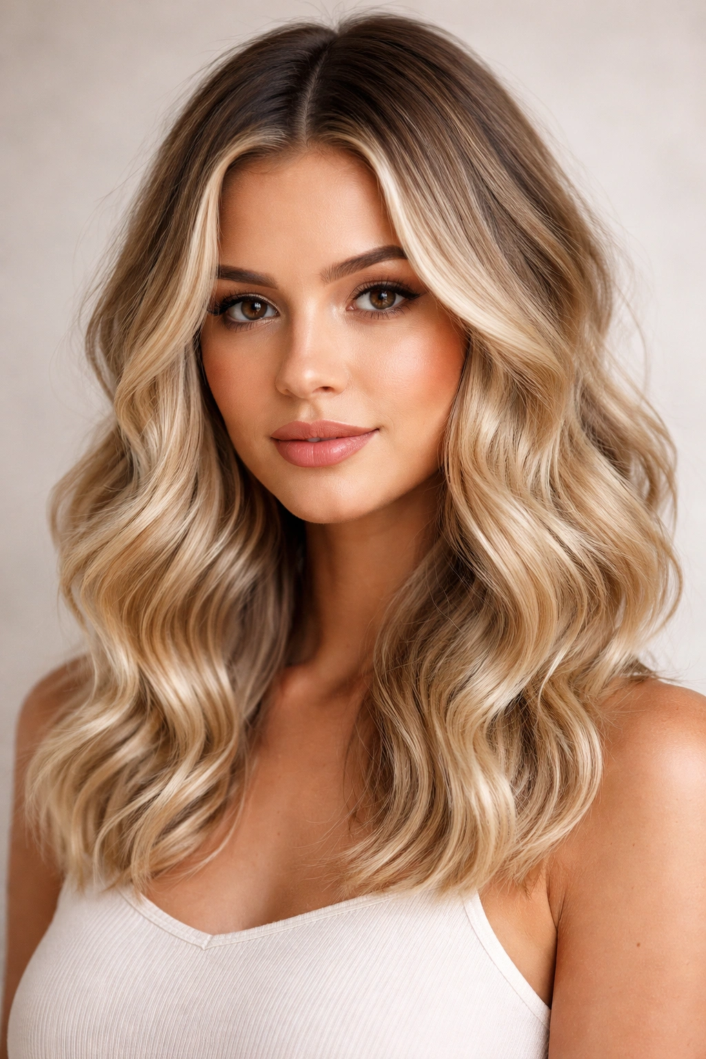 Darker roots blending into blonde waves with dimensional texture