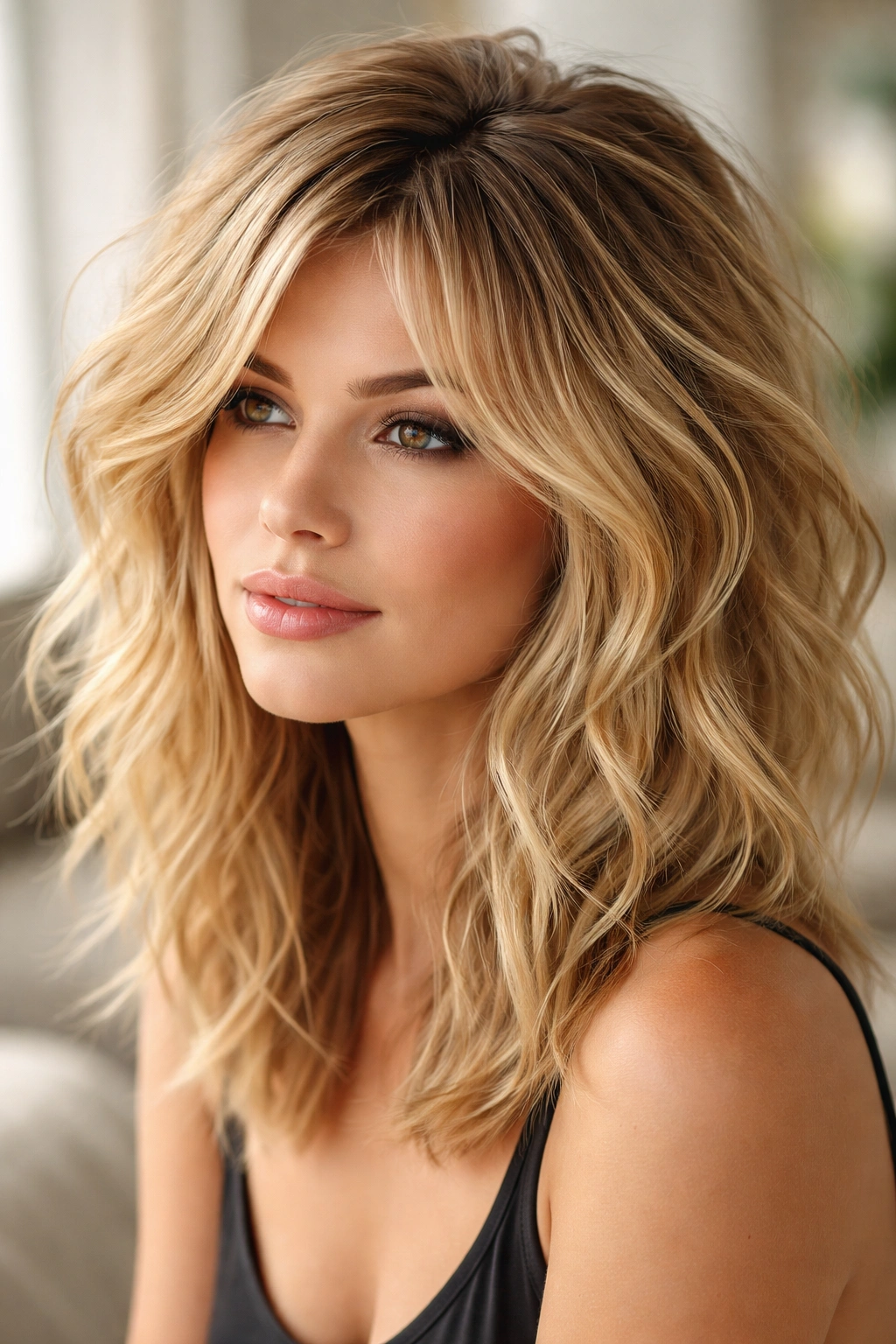 Blonde hair with root texture and tousled layers