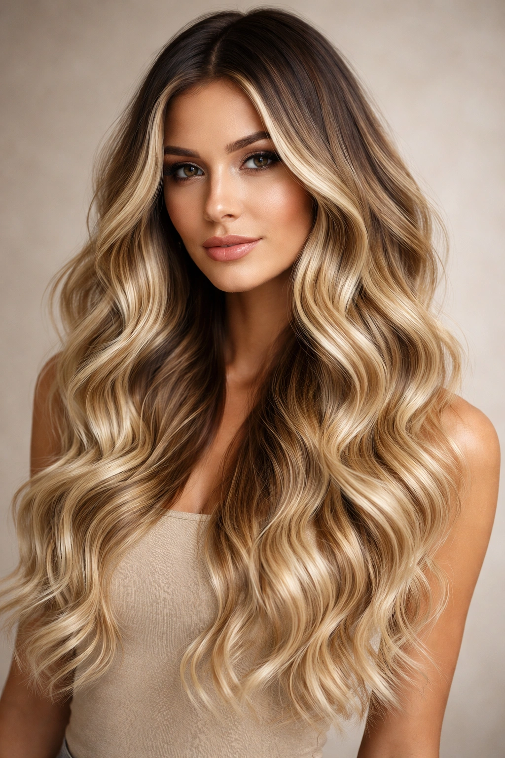 Deep waves with rooted blonde balayage showing dark roots and bright blonde mid-lengths.