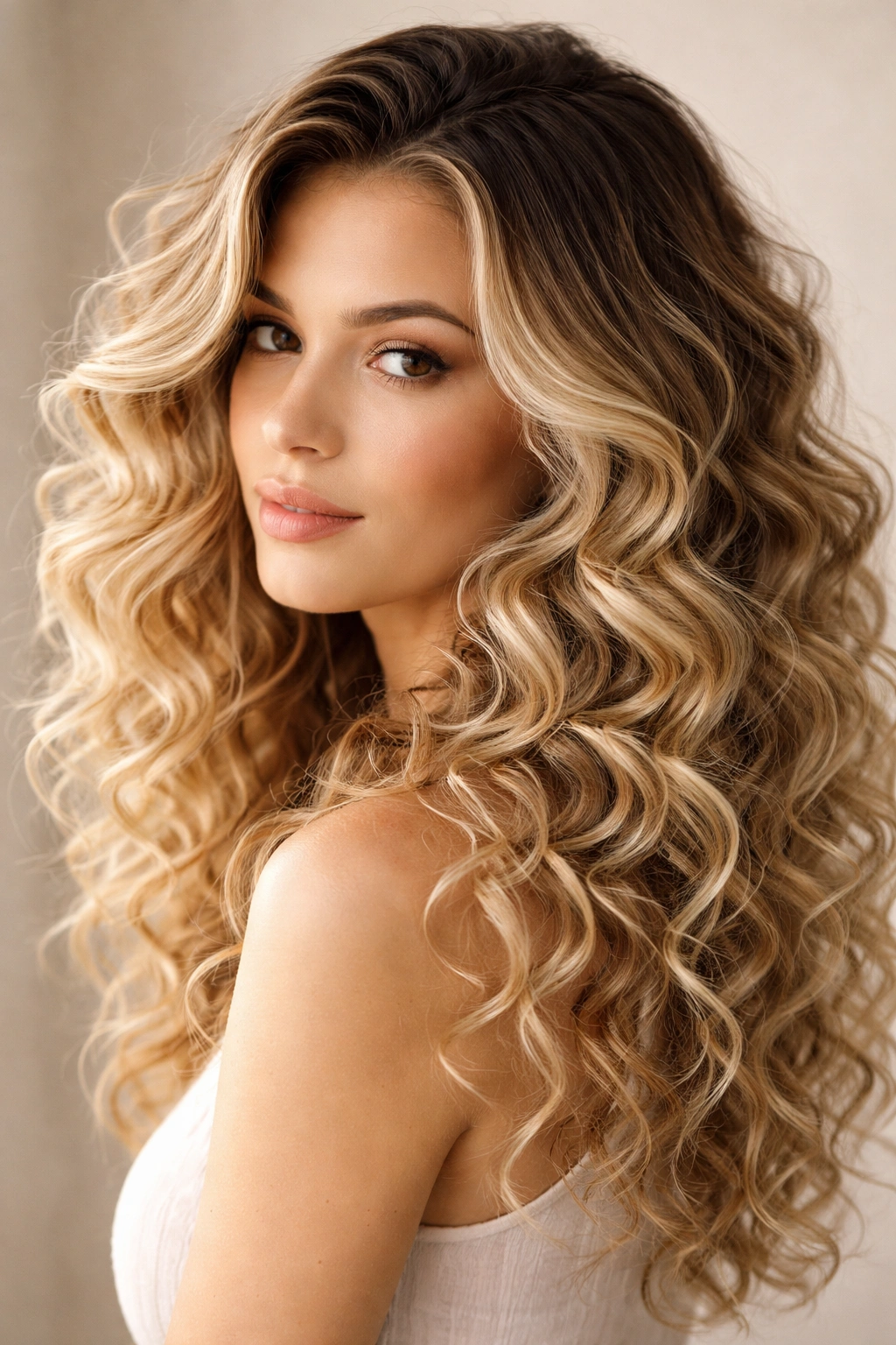 Curls showing dark roots fading into lighter blonde for dimensional color
