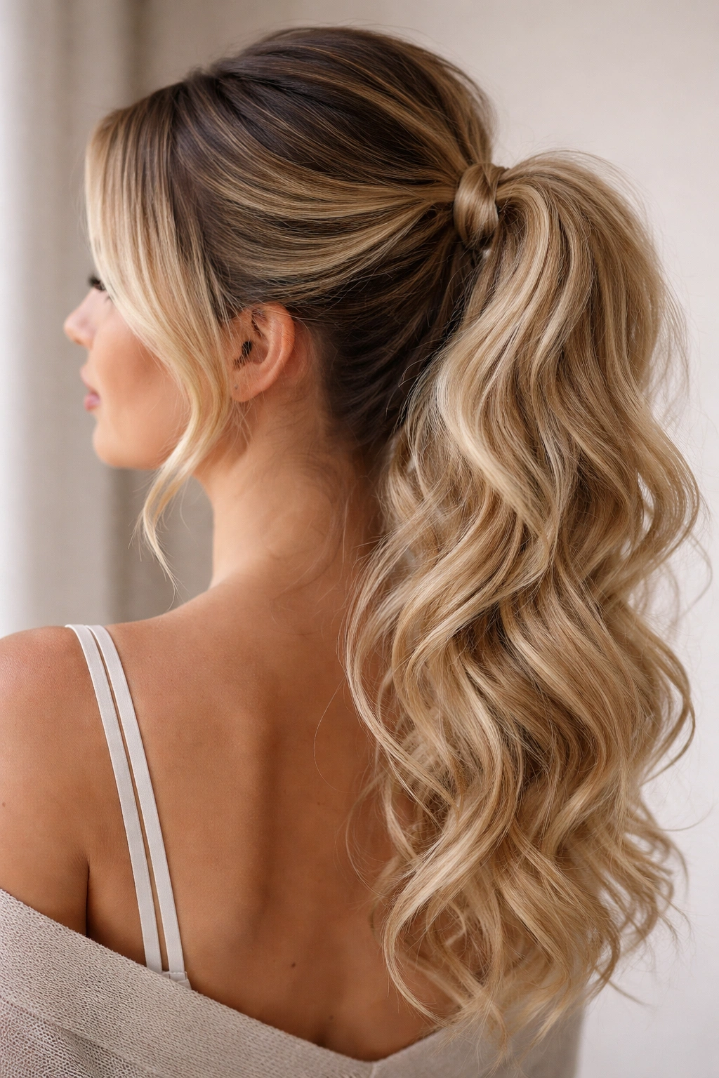 Rooted blonde ponytail with dark roots and romantic texture