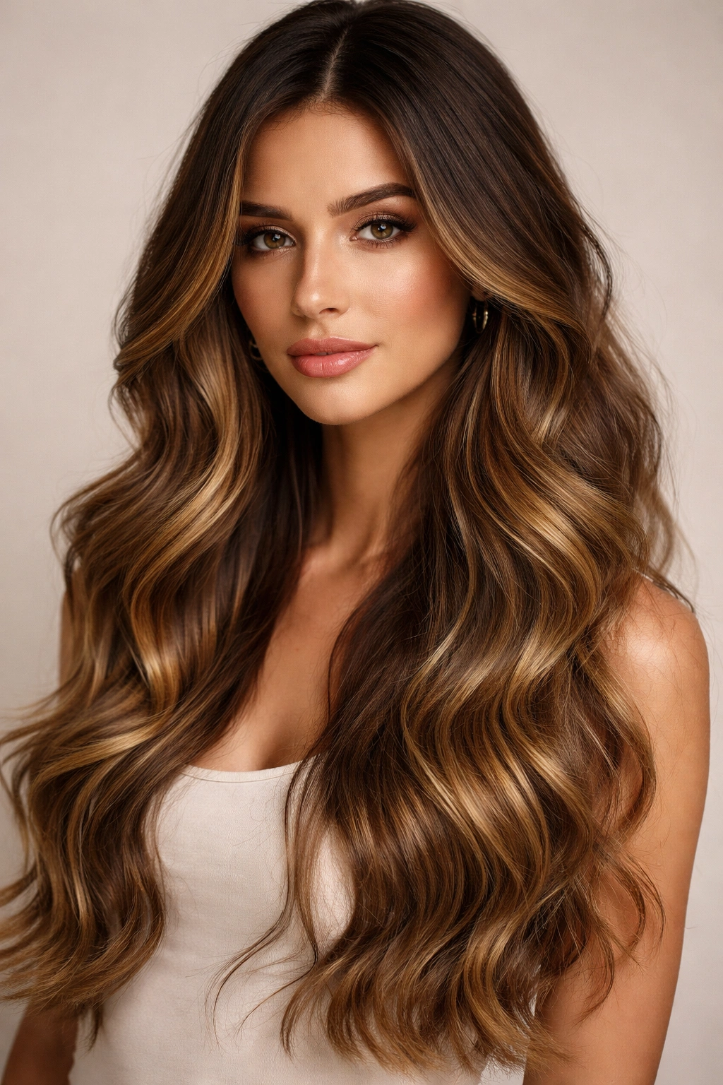 Long brunette hair with dark roots and golden balayage.