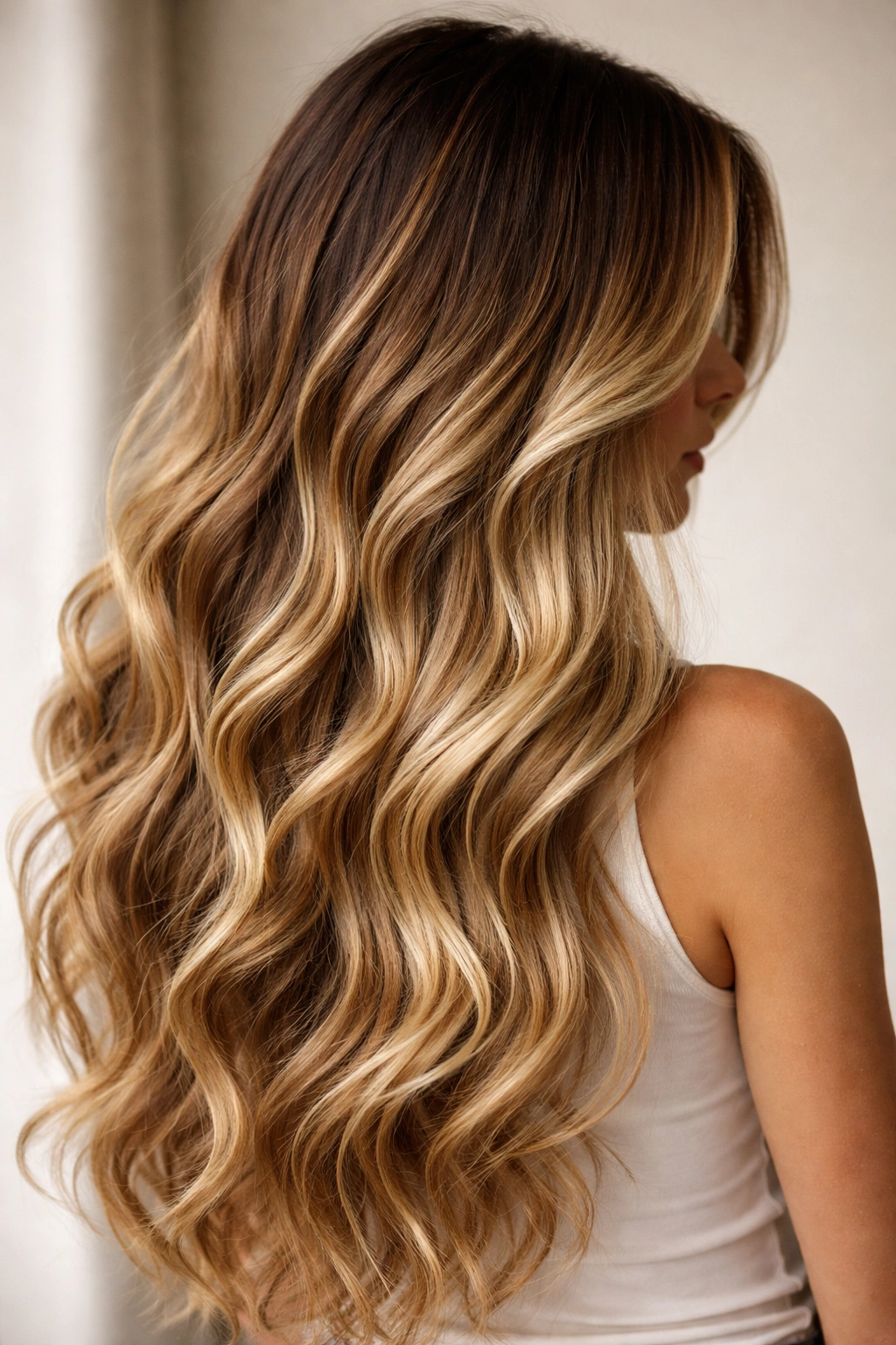 Close-up of long wavy hair with a rooted blonde to brown ombre gradient