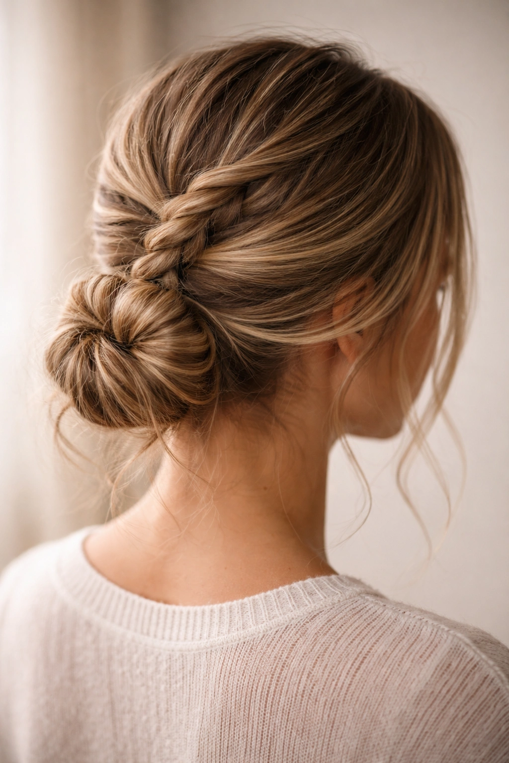 Low bun with a rope braid creating a textured secure base