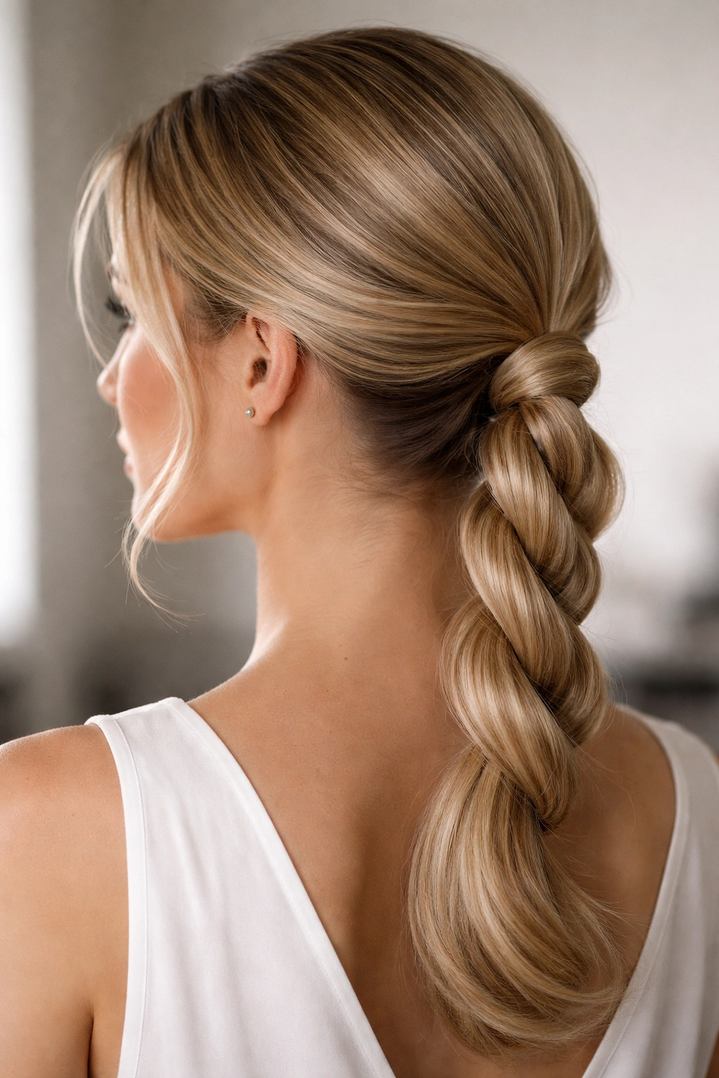 Close-up of a rope braid twisting into a low ponytail.