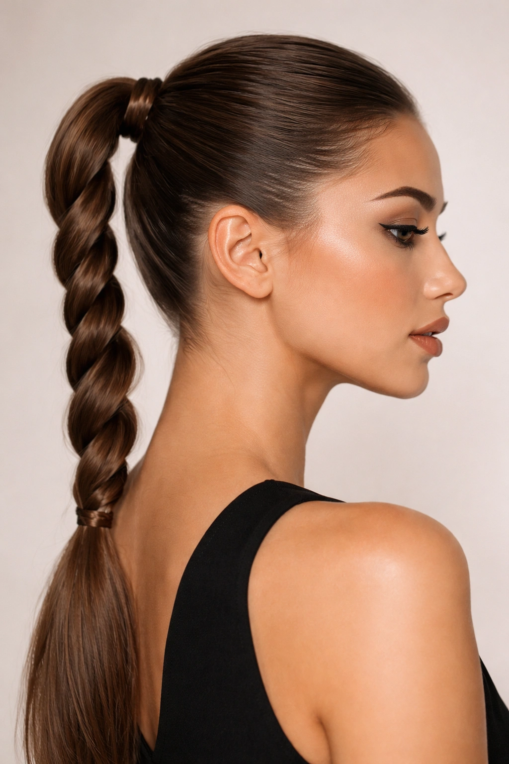 Rope braid twisting into a tight, sleek ponytail with clear texture