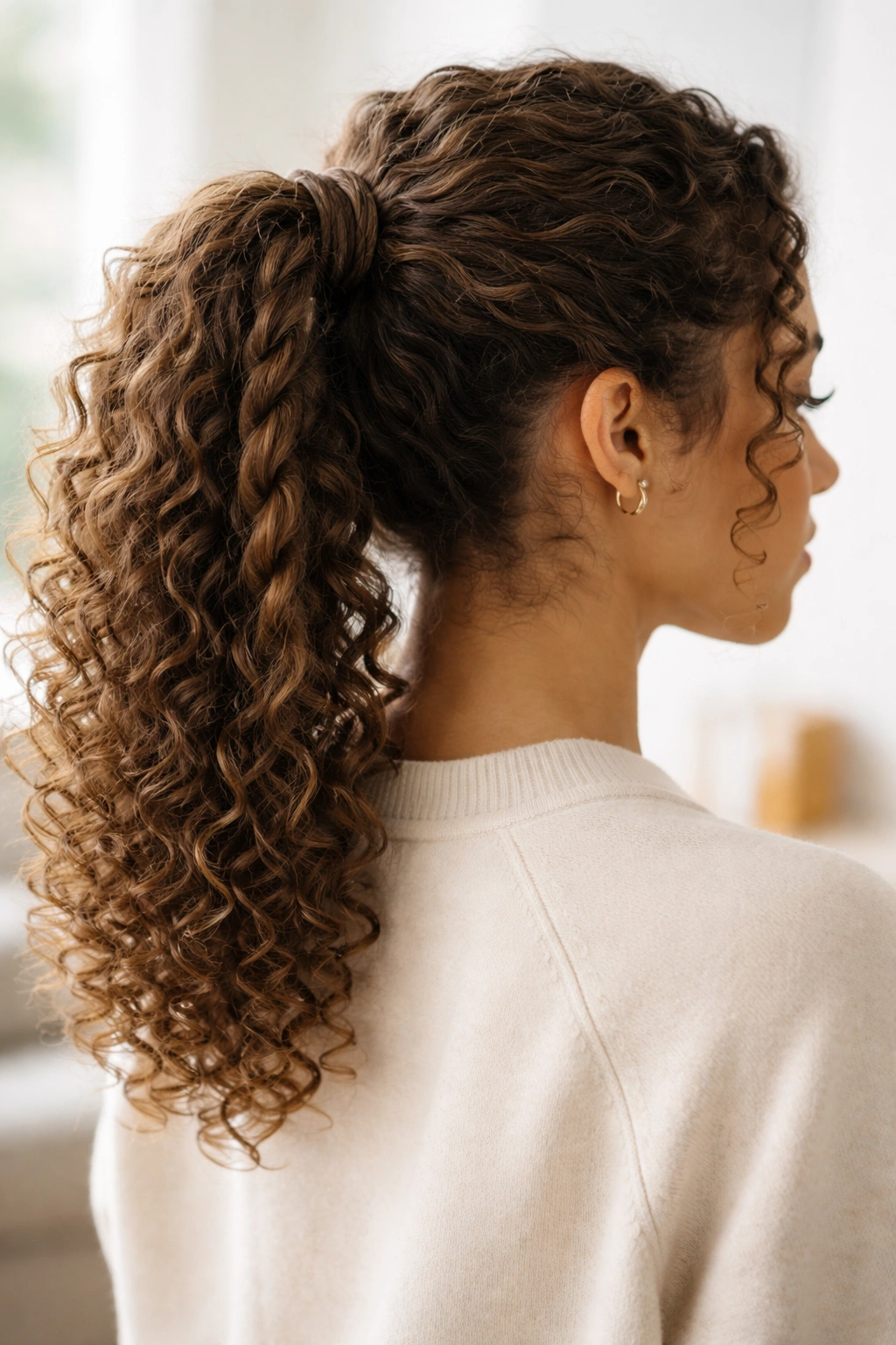 Mid-height ponytail with twisted rope braid around base