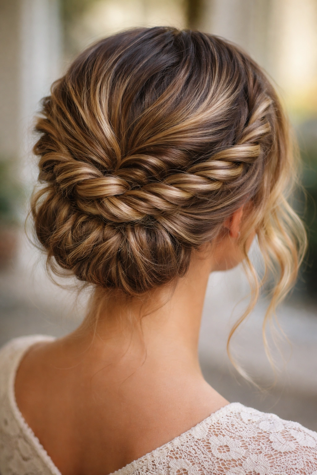 Rope braided updo with two side rope braids meeting at the nape