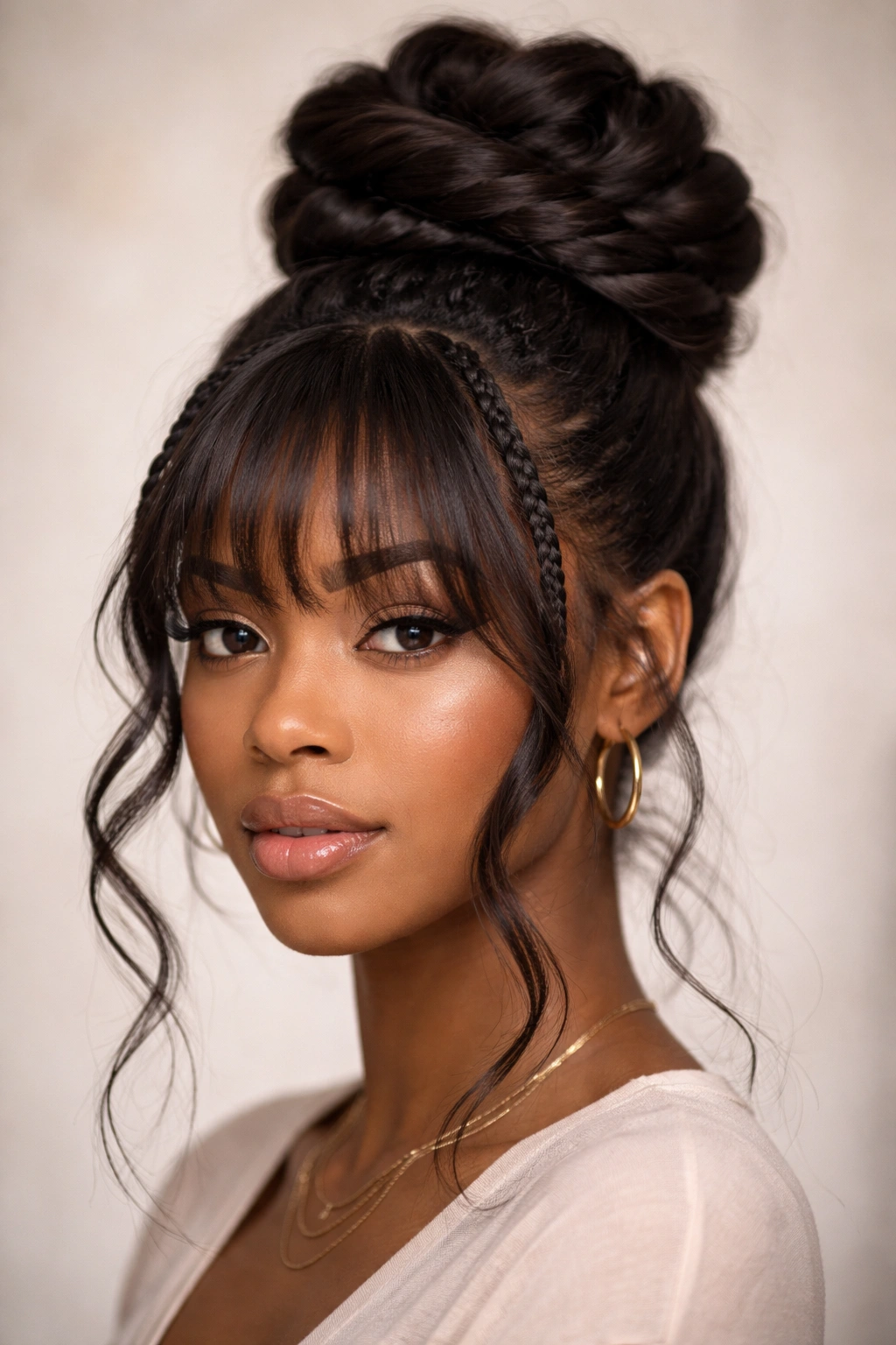 Close-up of twisted rope bun with braided bangs on Black hair.