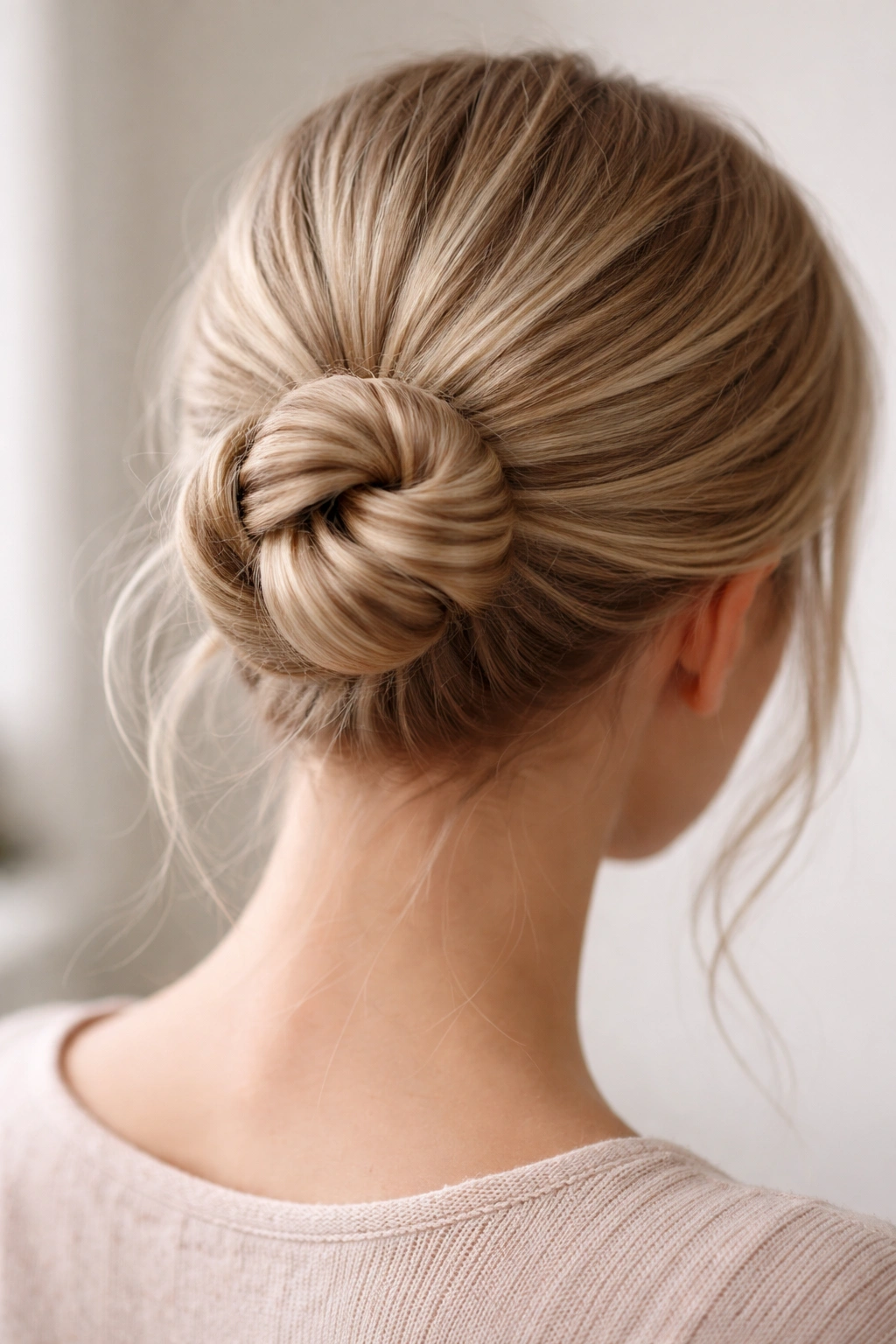 Close-up of rope twist bun showing spiral texture on fine hair