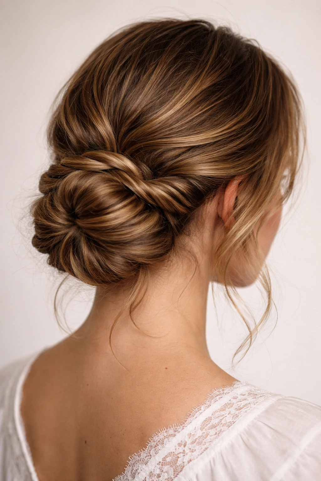 Low bun wrapped with two intertwined rope twists