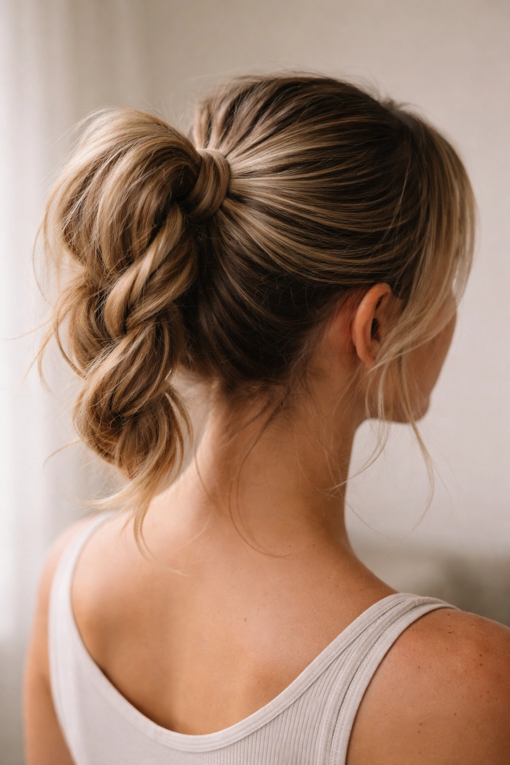 Close-up of The Twisted Rope Ponytail into Messy Bun showing rope twists and bun