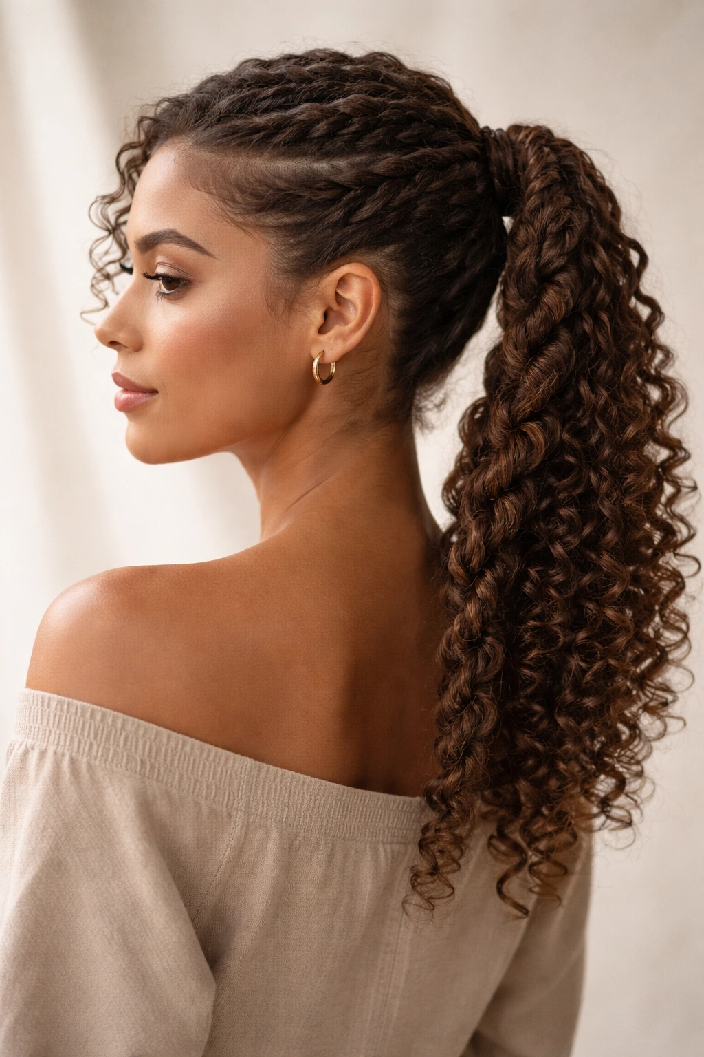 Rope twist ponytail with woven details on curly hair in a neutral studio