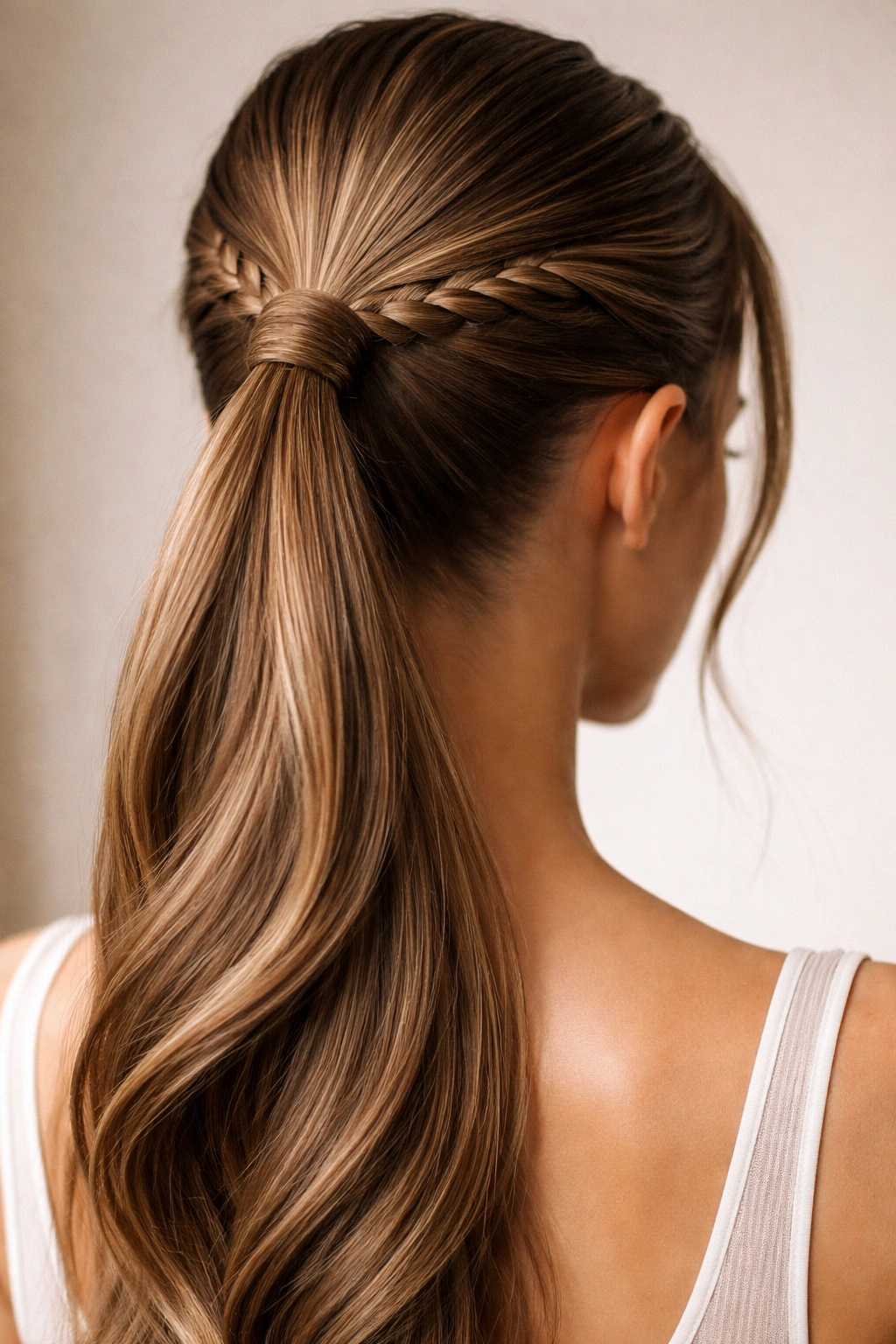 Close-up of two rope twists forming a ponytail with spiraled hair texture