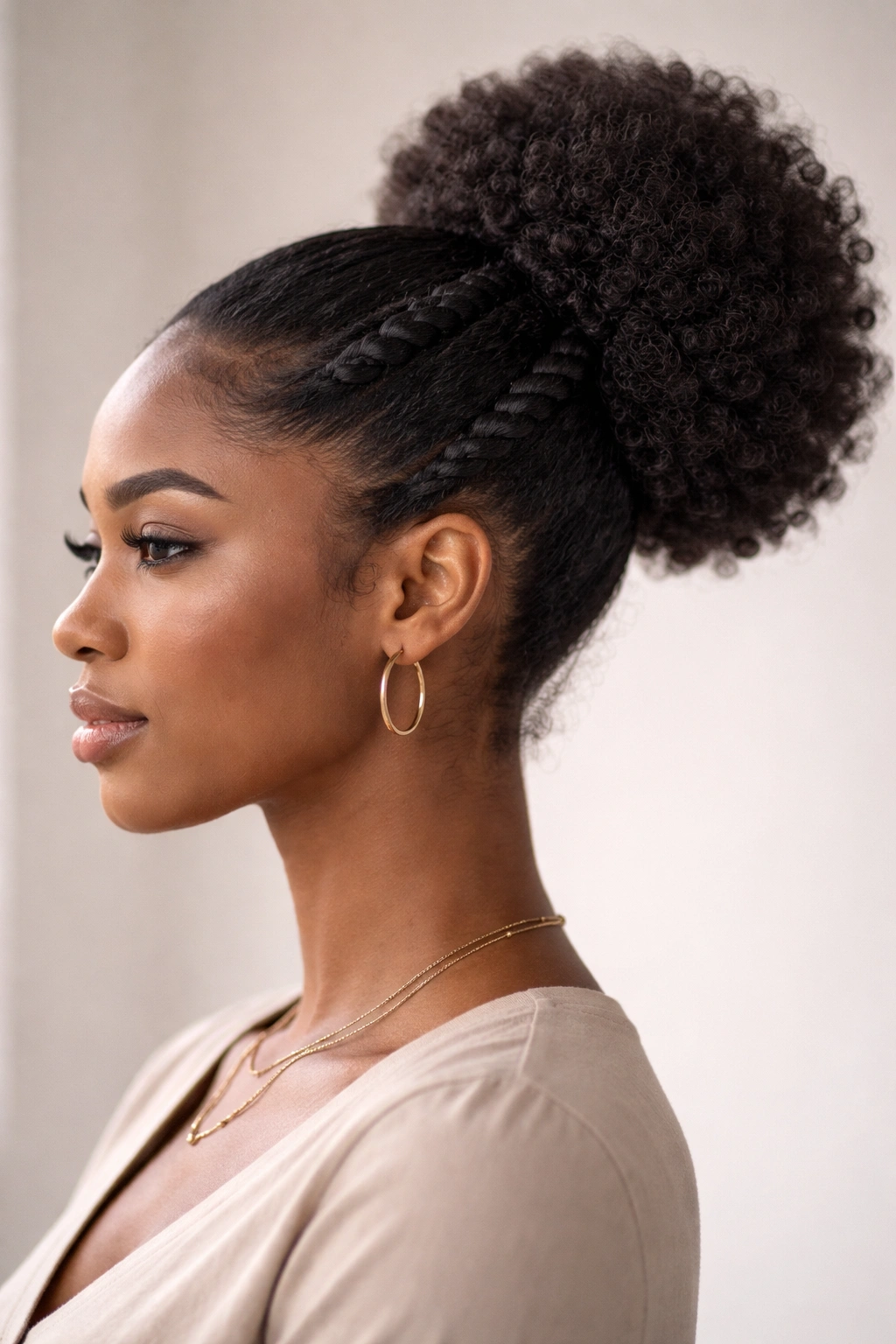 Side profile showing rope twists integrated into a puff for a structured look
