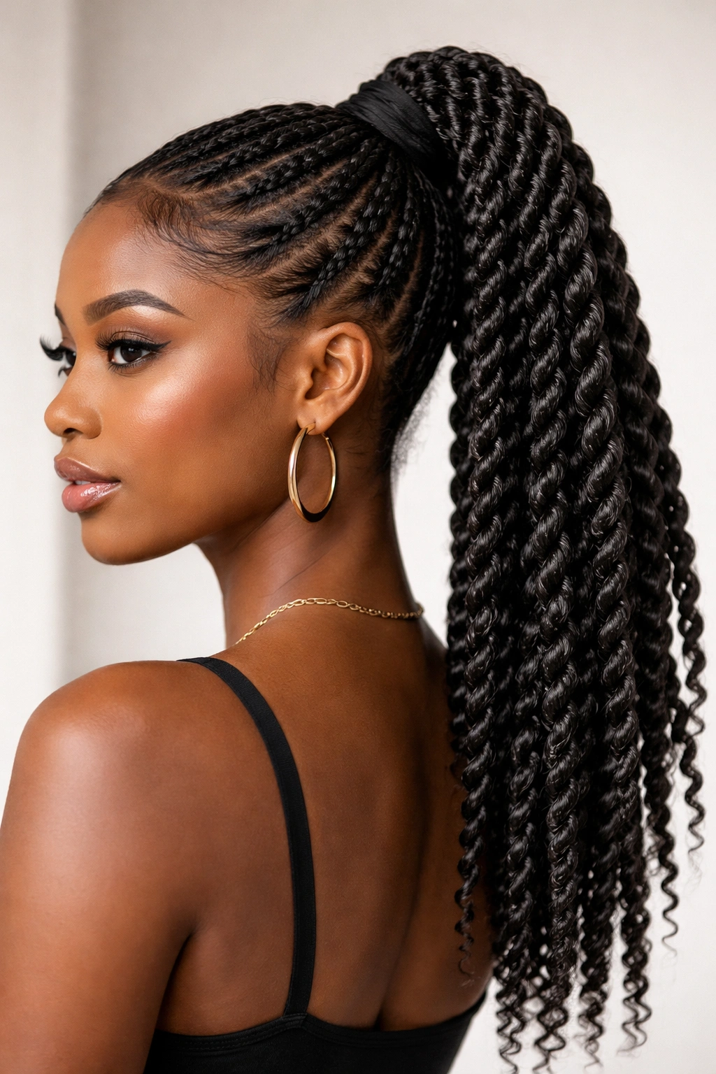 Close-up of rope twists forming a high ponytail with spiral texture