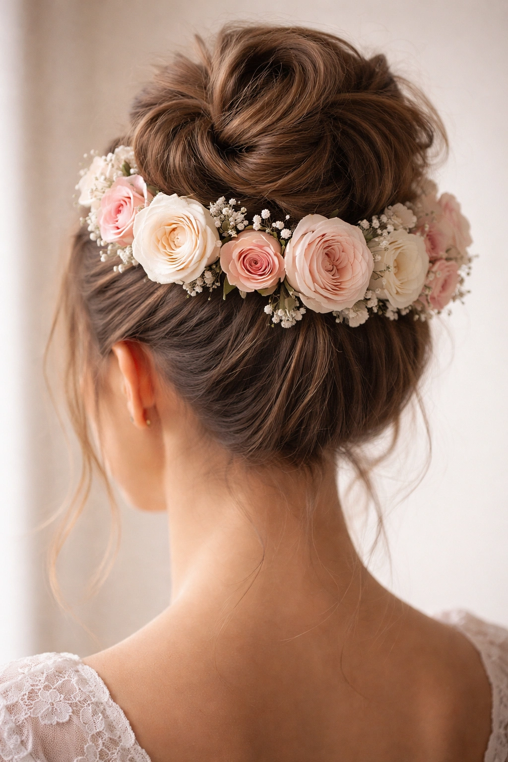 Rose crown around a structured bun for a wedding-ready look