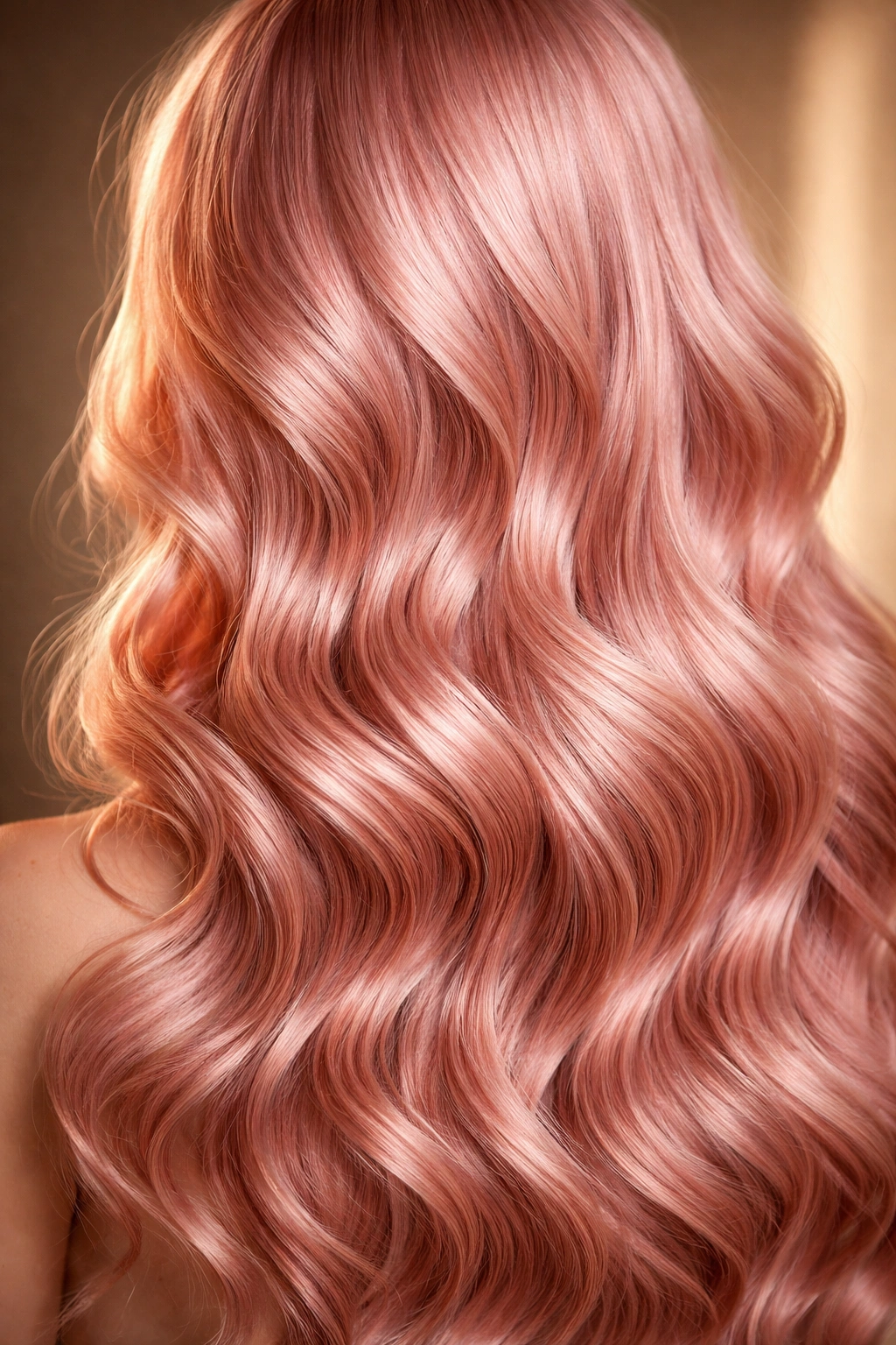 Rose gold pink wavy waves with warm shimmer
