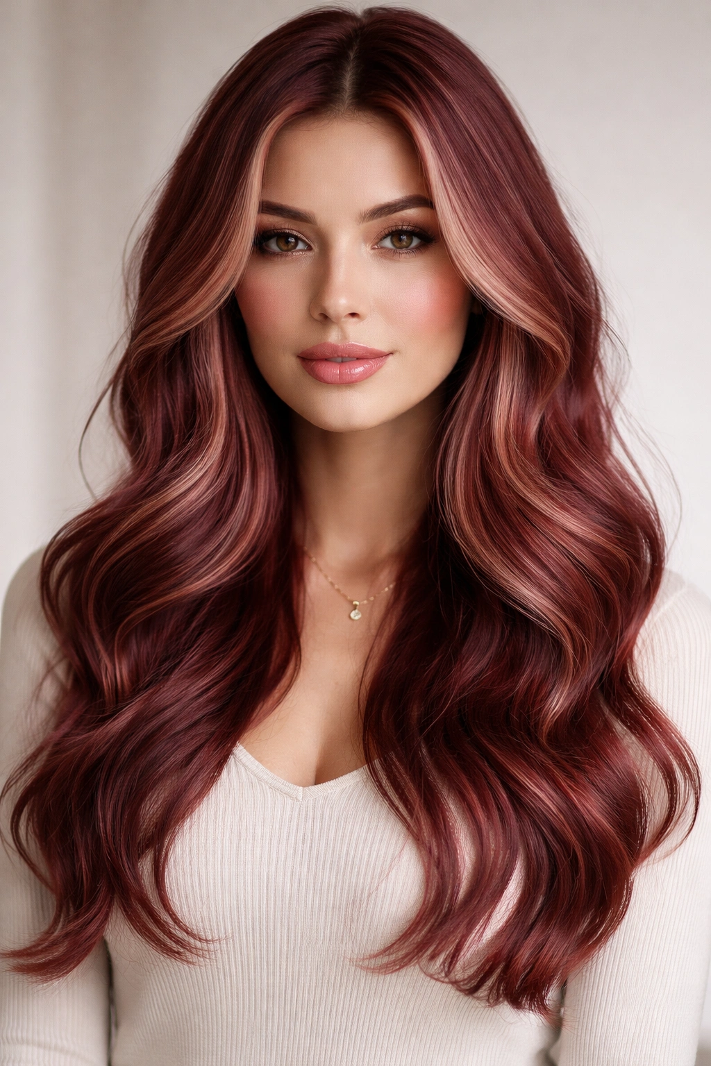Rose red hair with soft face-framing highlights and gentle waves.