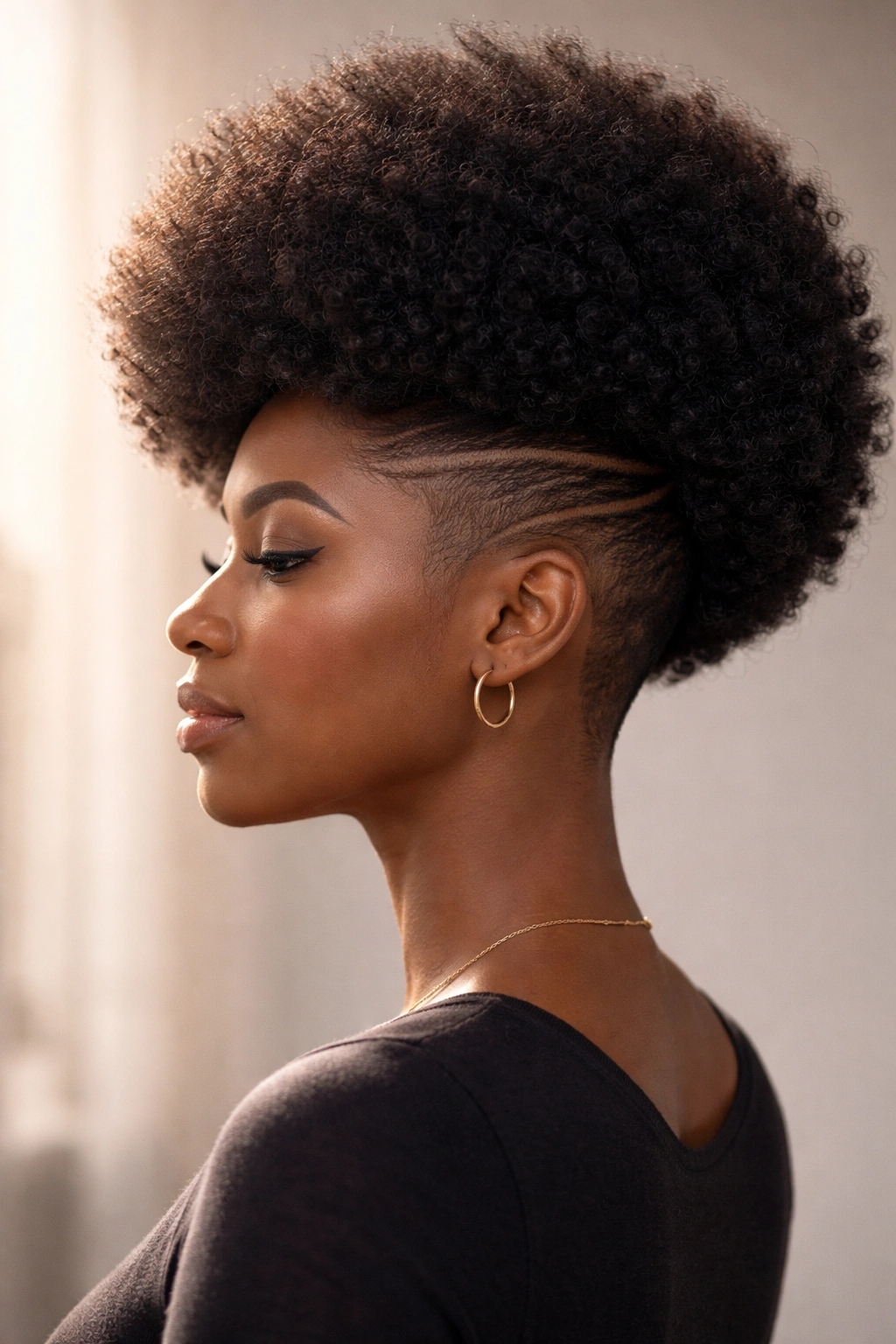 Side profile of a rounded afro with a subtle undercut detail.