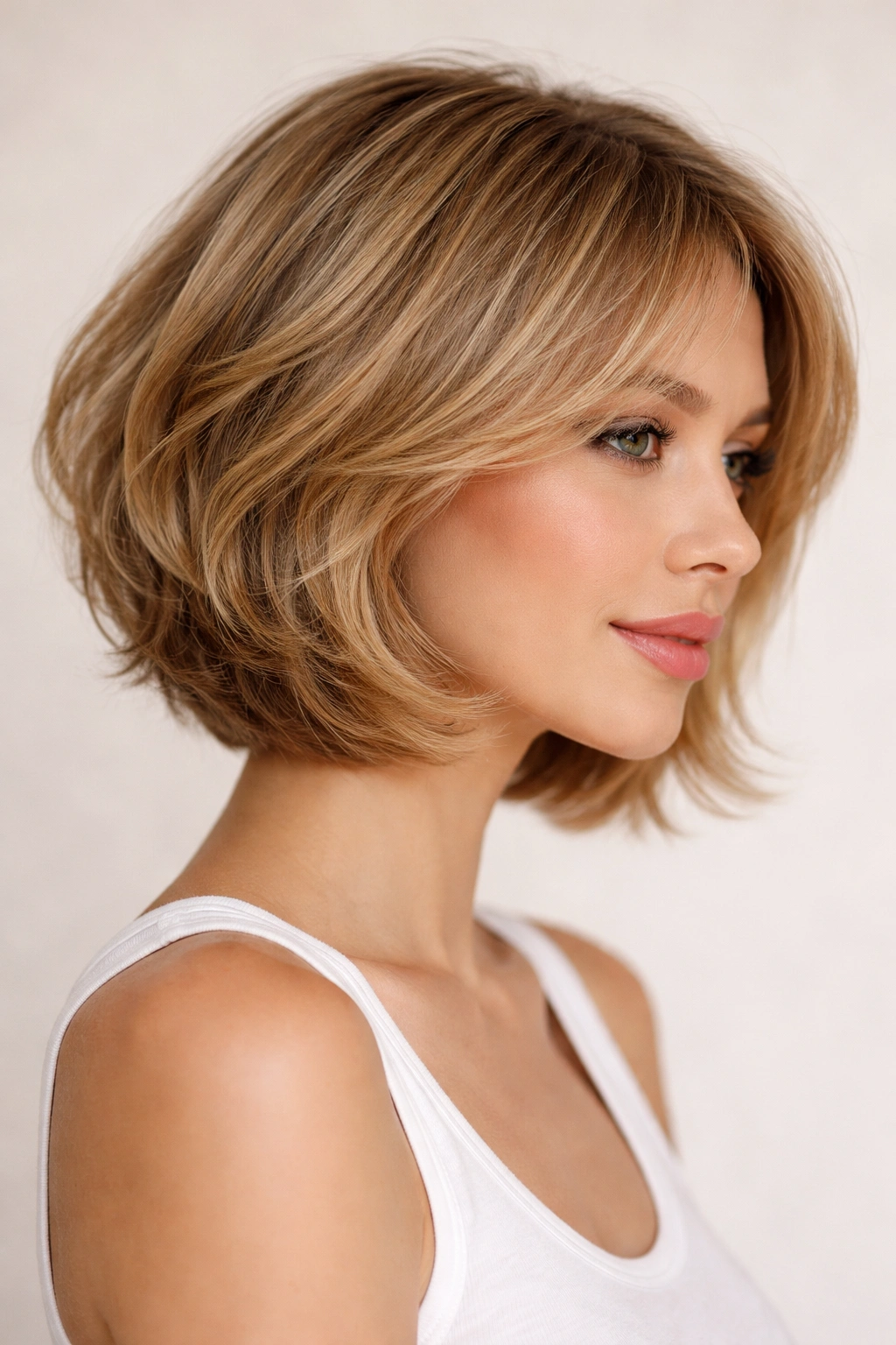 Rounded bob with feathered layers forming a soft, face-framing silhouette