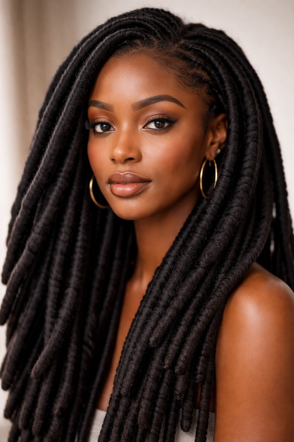 Close-up of Roving Locs with wrapped fibers creating thick uniform locs