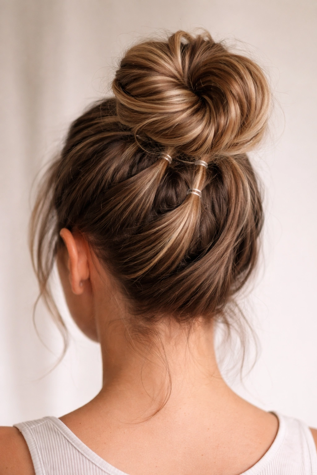 Close-up of a spiral bun made with multiple elastic bands around a high ponytail