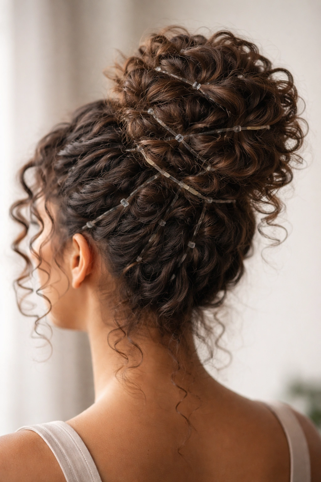 Close-up of a spiral bun created with rubber bands on curly hair