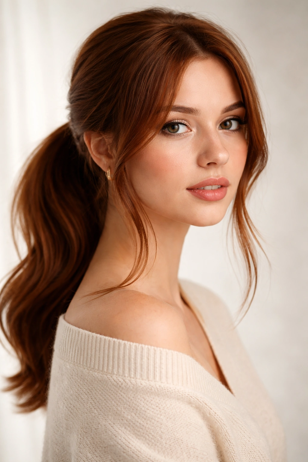 Low russet ponytail with face-framing pieces on cool-toned fair skin