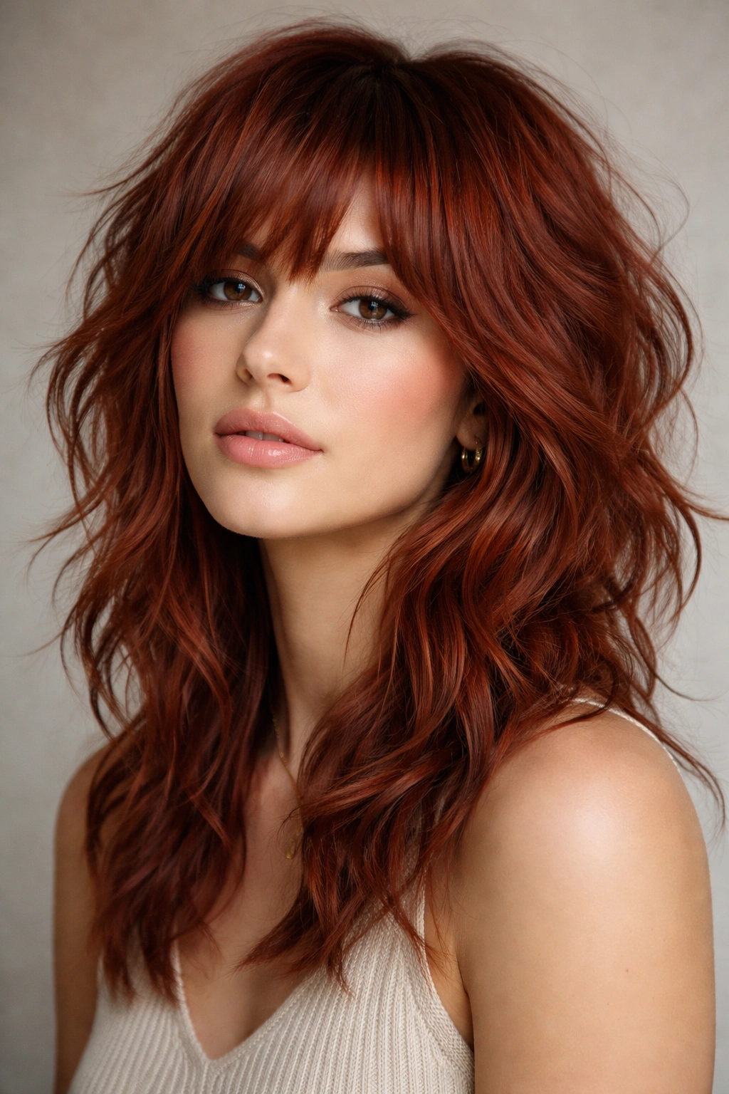 Close-up of rust red textured shag waves in hair