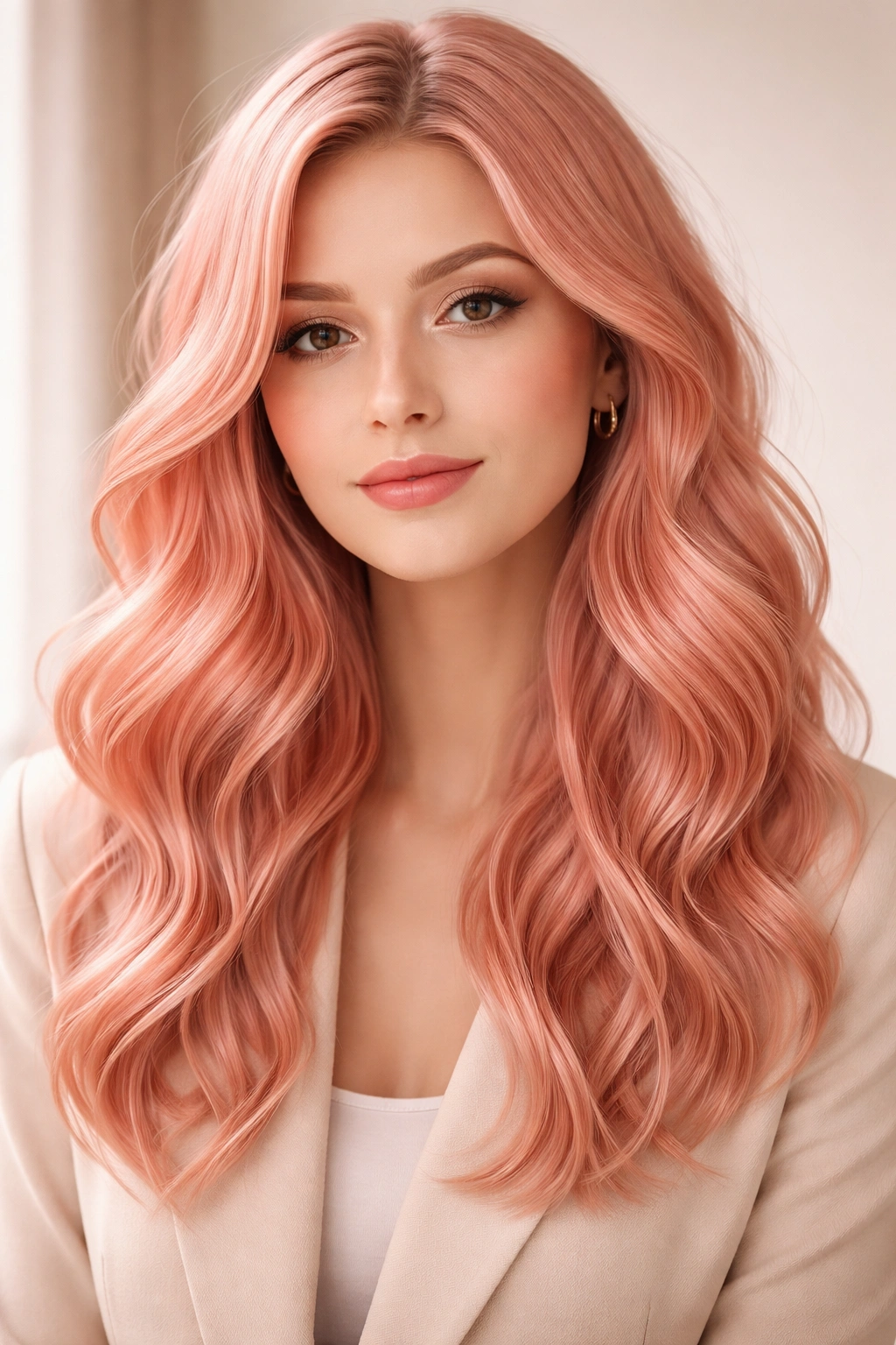 Salmon pink hair with loose subtle waves in a professional style