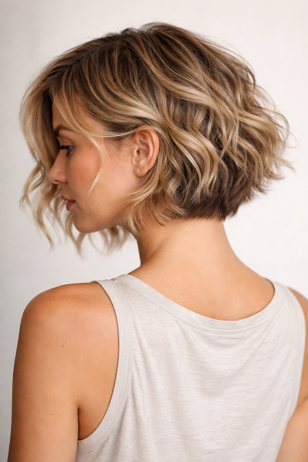 Sandy blonde waves over a textured pixie undercut