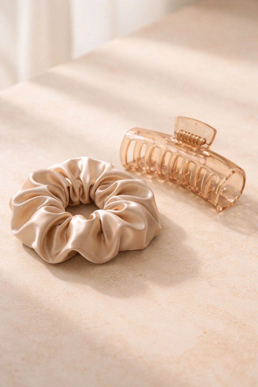 Still life of satin scrunchie and jumbo claw clip on a clean surface.